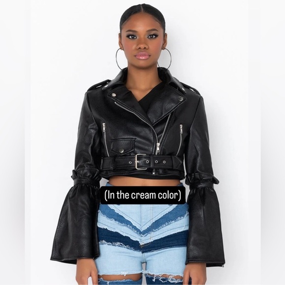 cropped moto jacket cut from soft faux leather with perfect bell sleeve. - Picture 2 of 5